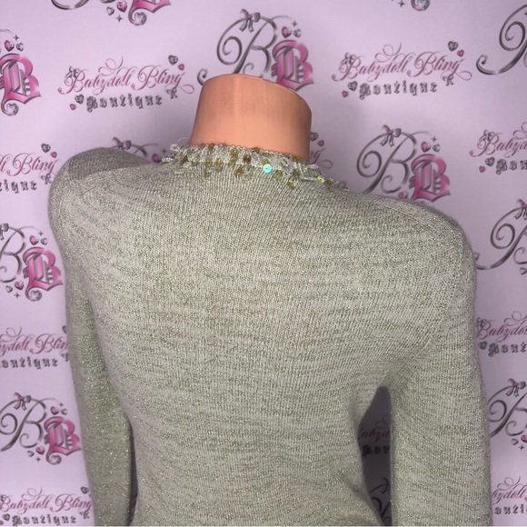 Y2k sparkly green cardigan sequins beaded glitter silver thread fairy π§ vibes - Picture 11 of 14